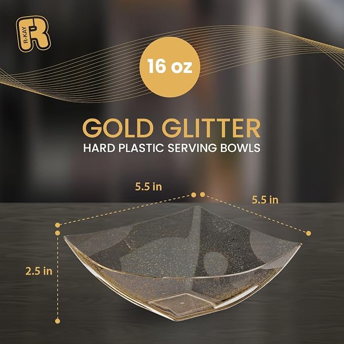 R-kay 6 Pack Gold Glitter Plastic Serving Bowls -16 Oz Gold Plastic bowls 16 Oz - Image 3