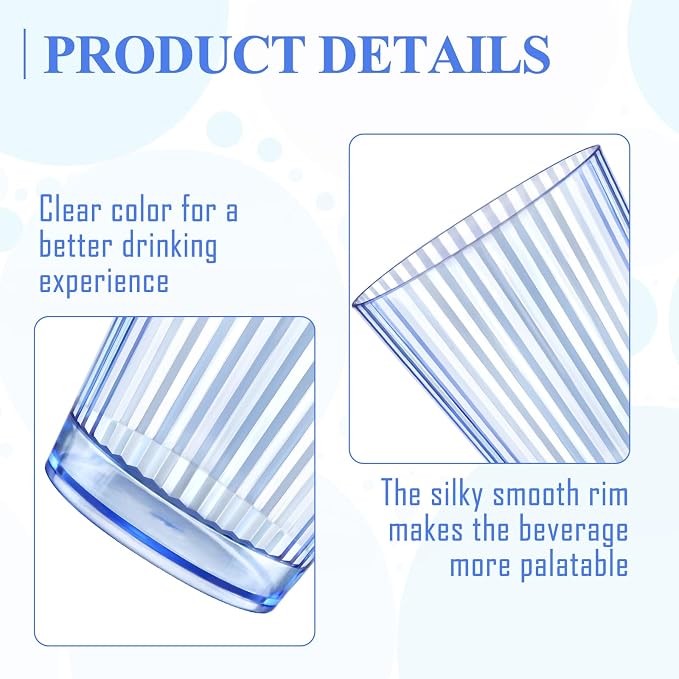 12 PCS Plastic Ribbed Drinking Glasses 10oz Blue Vintage Ripple Stemless Wine - Image 3