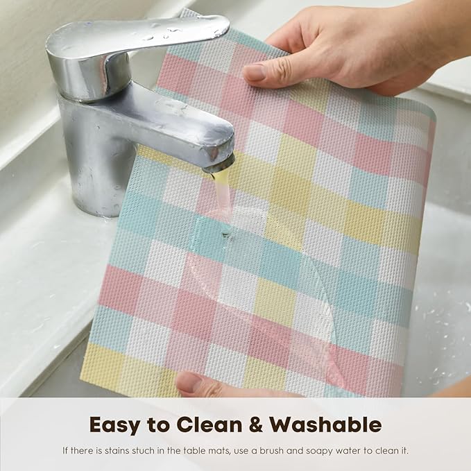 Artoid Mode Buffalo Plaid Vinyl Placemats Set of 4, 12x18 Inch Washable Non-Slip Heat Resistant Plastic Place Mats for Party Dining Table, Pink/Blue