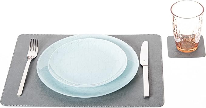 Nikalaz Set 4 Small Placemats and 4 Coasters, Table Mats Made in Europe Recycled Leather, Place Mats 15.7 x 11.8 inches and Coasters 3.9 x 3.9 inches (Dirty Grey)