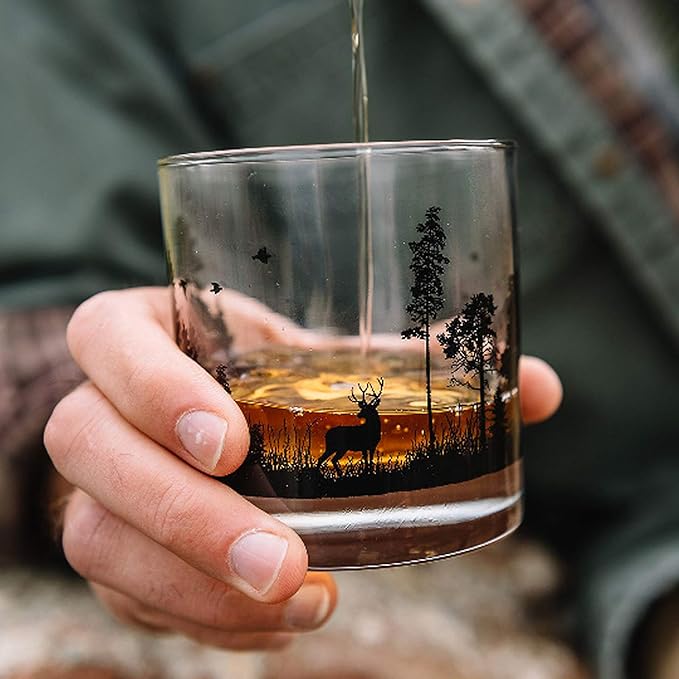 Black Lantern Forest Animal Whiskey Glass Set of 2 – 11oz Old Fashioned Rocks Glasses for Men | Wildlife & Nature Themed Barware for Bourbon, Scotch & Cocktails | Dishwasher Safe Gift Ready