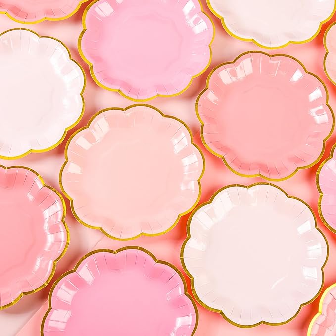Pink Party Plates Valentines Day Gradient Pink Dessert Paper Plates 7inch Gold Foil Scalloped Edge Disposable Cake Plates for Christmas Birthday Bridal Baby Shower Party Supplies (24)