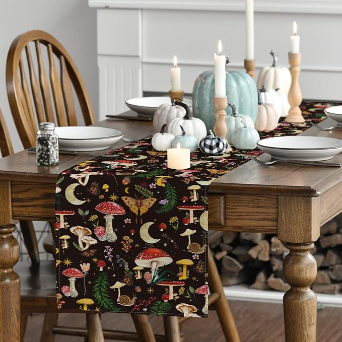 Artoid Mode Black Modern Mushroom Fall Table Runner, Seasonal Botanic Farmhouse - Image 3