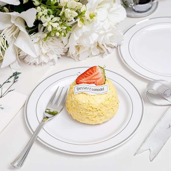 WELLIFE 240PCS Silver Plastic Dessert Plates - Includes 120PCS Silver Forks, 120PCS 6.3 Inch Salad & Appetizer Plates - Perfect for Wedding & Party