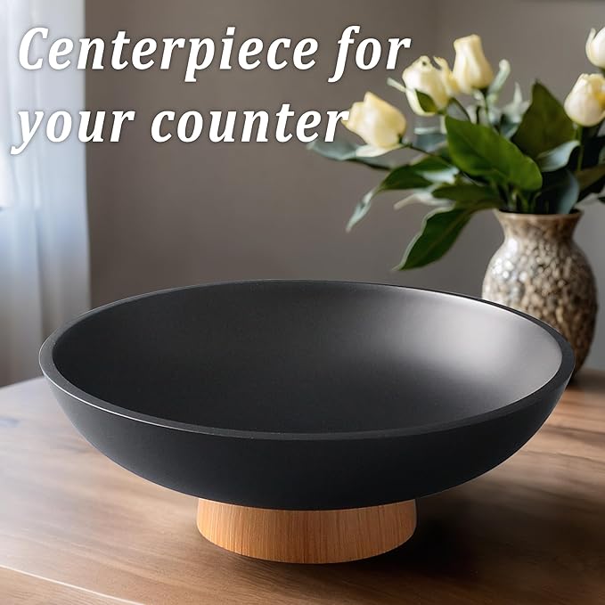 Modern Resin Pedestal Bowl – Large Fruit Bowl for Kitchen Counter, Catch All Bowl for Entryway Table, Stylish Key Bowl & Dining Centerpiece, Black
