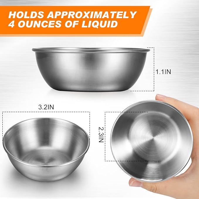Tanlade 50 Pcs Metal Sauce Bowls 3.2 Inch Round Stainless Steel Seasoning Dishes Cups Mini Saucers Plates Small Sushi Dipping Bowls for Prep Ramekins Kitchen Party Supplies(Silver)