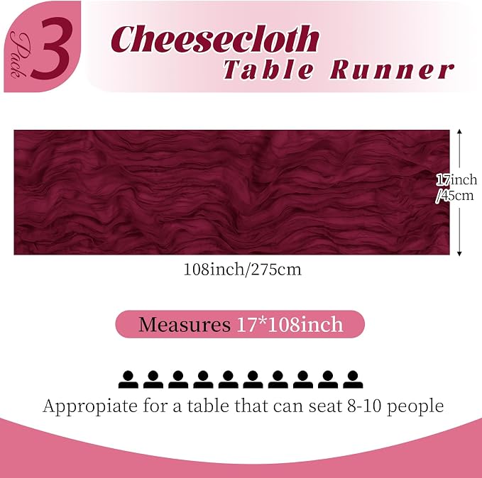 3 Pack Burgundy Cheesecloth Table Runner, 17 x 108 Inch, Gauze Cheese Cloth - Image 2