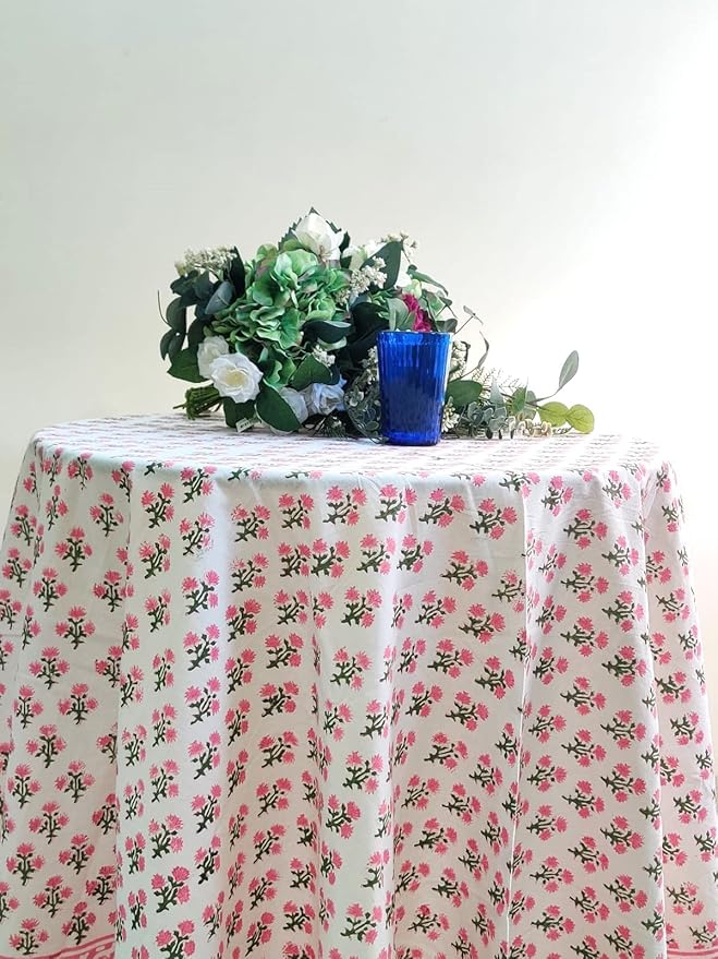 ATOSII Gulbahar White Pink 100% Cotton Spring Summer Round Tablecloth, Block Print Table Cloth for Dining, Weddings, Outdoors, Parties, Grand Millenial Home Decor 60" Inches I