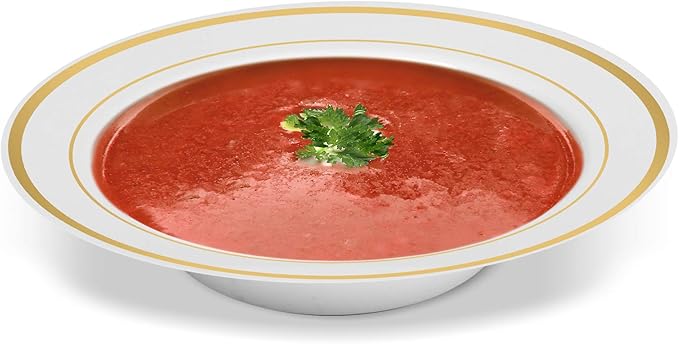 100 Disposable White Gold Trim Plastic Soup Bowls | 14 oz. Premium Heavy Duty Disposable Dinnerware with Real China Design | Safe & Reusable and Great for Parties or Weddings. (50-Pack) Gold