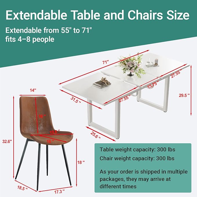 Extendable Dining Table Set for 6, 55"–71" Modern White Kitchen Table with 6 Upholstered Chairs, Space-Saving for Living Room Apartment, Sturdy & Comfortable, Easy Assembly