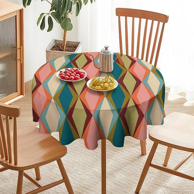 Abstract Geometric Boho Round Tablecloth, Retro Modern Mid Century Tablecloth for Home Party Dining Room Kitchen Decor 60Inch(152cm)