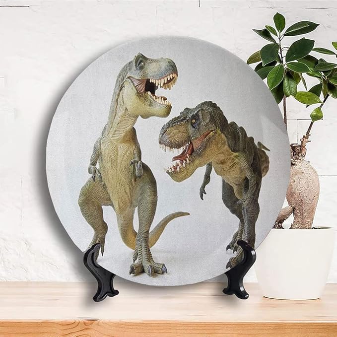 Decorative Plates, Dinosaur Print Ornament, Tyrannosaurus Rex Pair Facing Off Ferocious Creatures, 8 Inch, Kitchen Wall Decor, Ivory Brown Grey