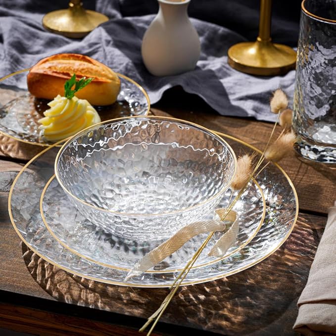R-kay 100 Pack 7 Inch Clear Plastic Plates - Hammered Gold Rimmed Sturdy, Durable And Extra Heavy duty Gold Plastic Dessert, Appetizer Plates Disposable For All Occasions