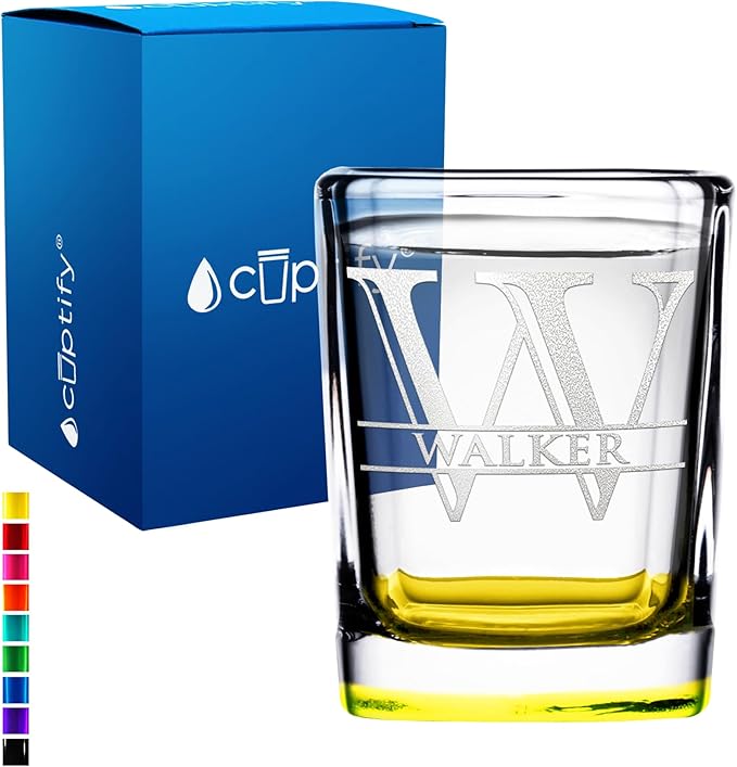 Personalized Square Shot Glasses Yellow Bottom 2oz Engraved Initial and Name Custom Gifts, Weddings, Birthdays, Party, Event, Decorations