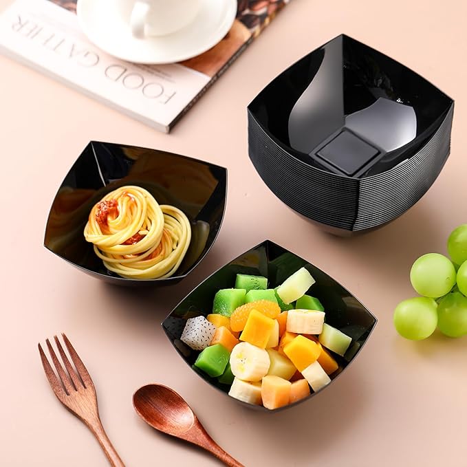 Tanlade 50 Pcs Square Plastic Serving Bowls Disposable Snack Salad Bowl Small Party Candy Bar Containers Taco Bar Serving Dishes for Buffet Chips Fruit(12 oz,Black)