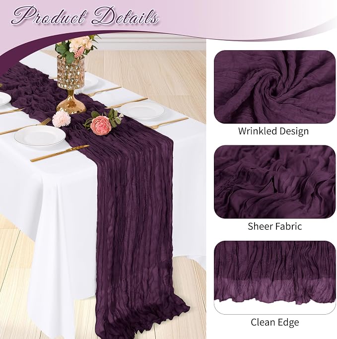 3 Pack Dark Purple Cheesecloth Table Runner, 17 x 108 inch, Semi Sheer Boho - Image 4