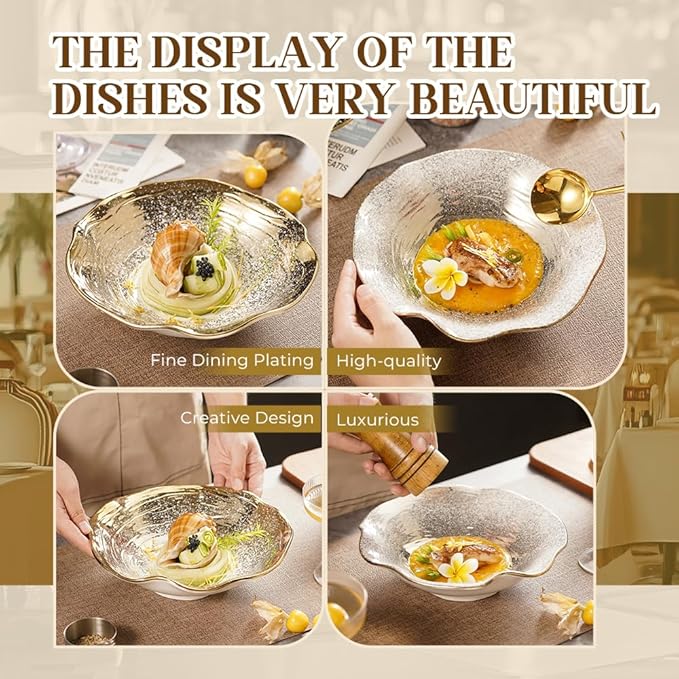 Set of 4 Lotus Edge Ceramic Bowls, 9.3-Inch Gradient Gold Design Soup Bowls with Wavy Rim, 23.5cm Food-Safe Porcelain for Dining & Gifting