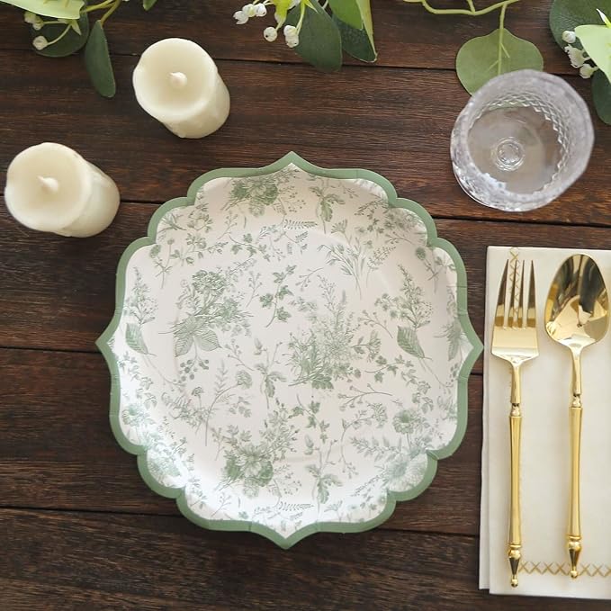50 Pack 10" Sage Green Dinner Plates in French Toile Floral Pattern, Disposable Round Paper Party Plates 300 GSM for Festive Table Decoration