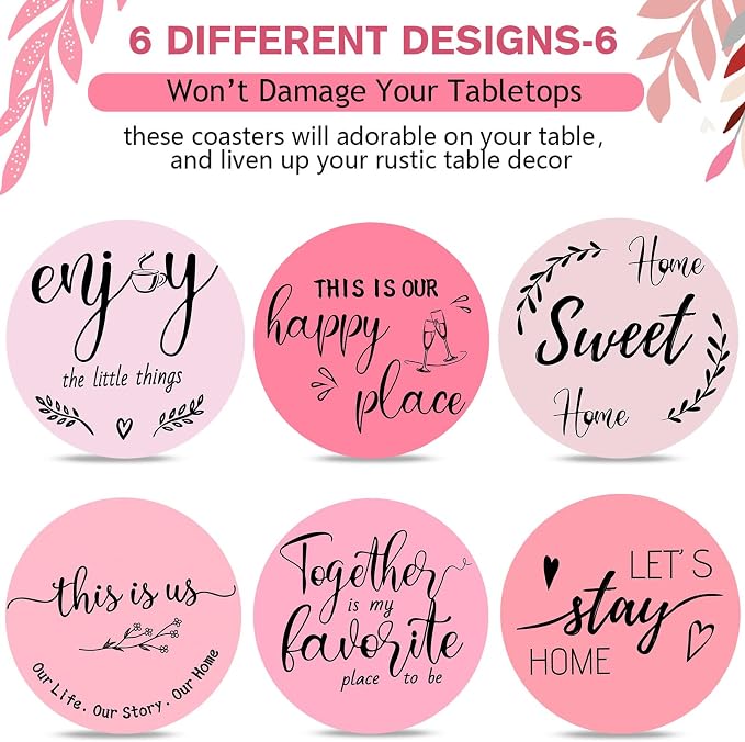 Queekay Coasters Set of 6 House Warming Gifts New Home Wooden Farmhouse Drink - Image 4