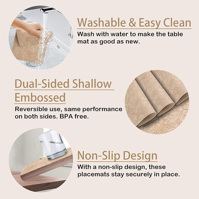 SolaraDawn Faux Leather Table Placemats Set of 4, Washable, Wipeable & Heat-Resistant Table Mats, Waterproof Dining Place Mats with Embossed Texture for Kitchen & Dining, Beige, 17" × 12"