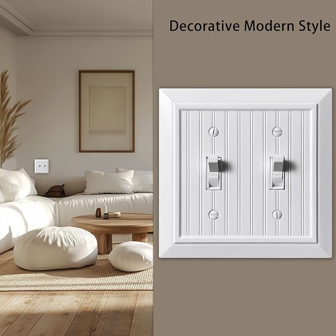 Beadboard Outlet Covers Wall Plates, Bamboo Fiber Light Switch Covers, Natural Material Electric Receptacle Decorative Switch Plate Outlet Cover (Pure White, 2 Gang Toggle 2 Pack)