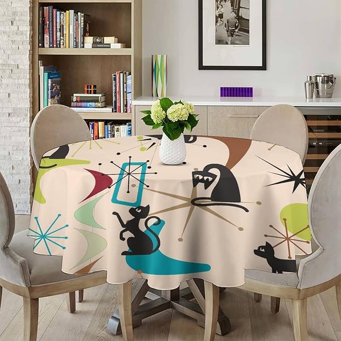 Mid Century Black Cat Round Tablecloth, Bohemian Modern Colorful Abstract Geometric Retro Art Bohemian Tablecloth for Home Party Dining Room Kitchen Decor 60Inch(152cm)