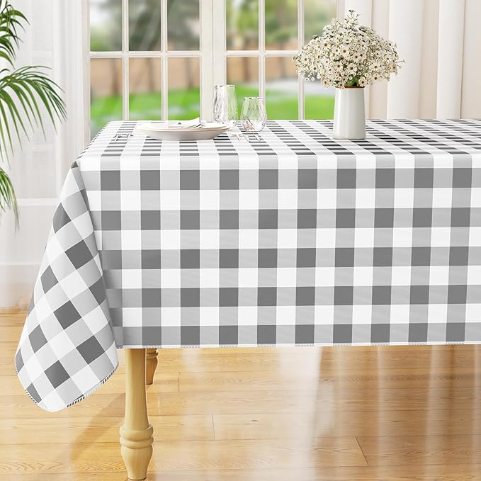 misaya Rectangle Waterproof Vinyl Table Cloth, Buffalo Flannel Backed Tablecloth, Wipeable Plastic Table Cover for Dinner, Kitchen, Outdoor (52" x 70", Grey and White)