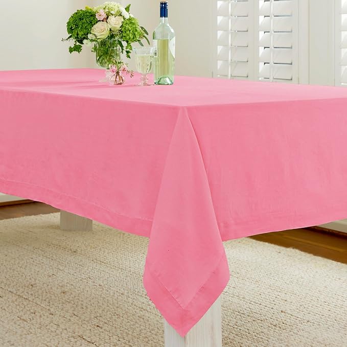 Solino Home Linen Tablecloth for Rectangle Tables 60 x 108 Inch - 100% Pure Linen Pink Carnation Table Cloth - Fete, Machine Washable Cloth Tablecloth for Valentines, Spring, Easter