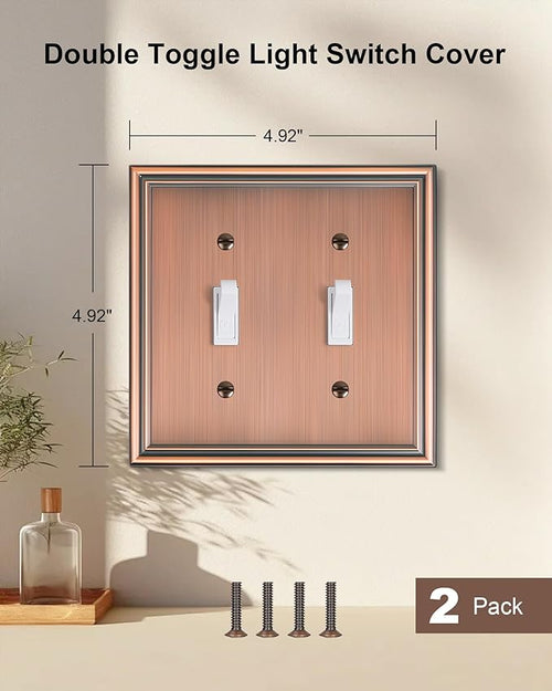 2-Pack Double Toggle Light Switch Cover Plate, Durable Solid Zinc Alloy Decorative Dual Switch Plate Covers, Antique Copper 2 Gang Wall Plate, Corrosion Resistant