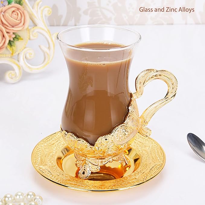 Pilipane Gold Coffee Cup and Saucer Set, Elegant European Carved Glass Teacup - Image 5