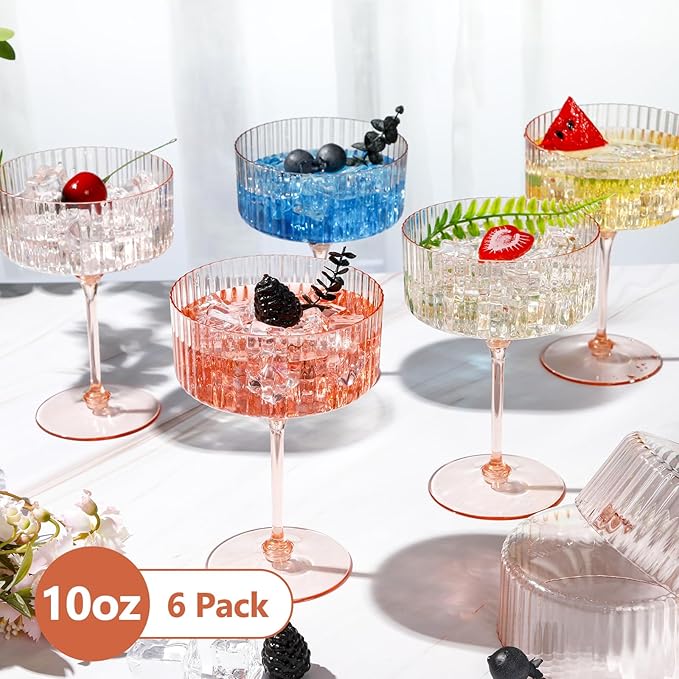 6 Pcs Ribbed Martini Glasses 10 oz Disposable Plastic Vintage Ribbed Coupe Glasses Unbreakable Dessert Parfait Glassware for Wedding Birthday Party Supplies (Champagne Powder)