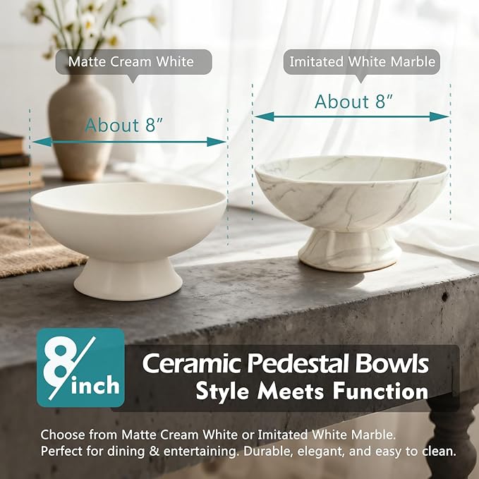 White Pedestal Decorative Bowl - 8" Minimalist Decorative Fruit Bowl for Kitchen Counter, Entryway,Multi-Purpose Centerpiece bowl for Bread, Snacks, Candy, Perfect for Housewarming &Wedding Gift
