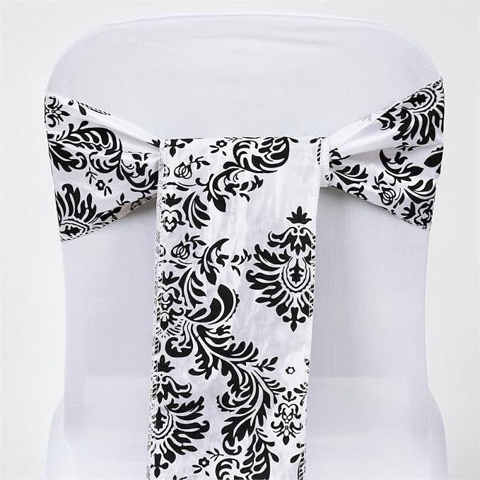 Efavormart 5 Pack | Black/White Taffeta Damask Flocking Chair Tie Bow Sashes - Image 3