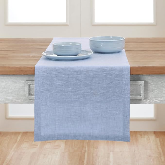 Solino Home 100% Pure Linen Table Runner Chambray Blue, Athena 14 x 132 in | - Image 2