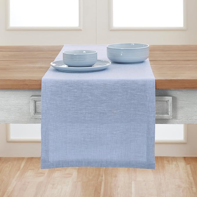 Solino Home Linen Table Runner 72 Inches Long - Athena, 100% Pure Linen Chambray Blue Table Runner 14 x 72 Inch for Dining, Winter, Spring, Easter