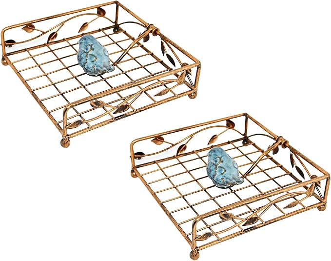 OwlGift Collection Set of 2 Bronze Coated Metal Flat Napkin Holder Dispensing Stand w/Ceramic Bird, Kitchen and Countertop Flat Napkin Storage Organizer