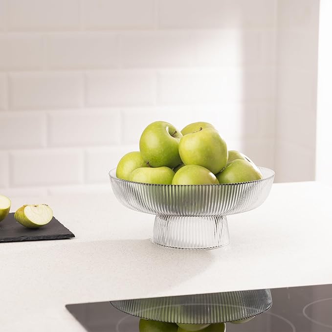 Navaris Decorative Fluted Transparent Glass Bowl for Fruit Snacks Sweets - 26cm Diameter Table Centerpiece Dish