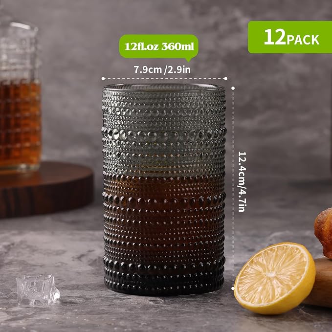 Moretoes 12 Pack 12 Oz Gray Hobnail Drinking Glasses Set, Water Glass Cups | - Image 3