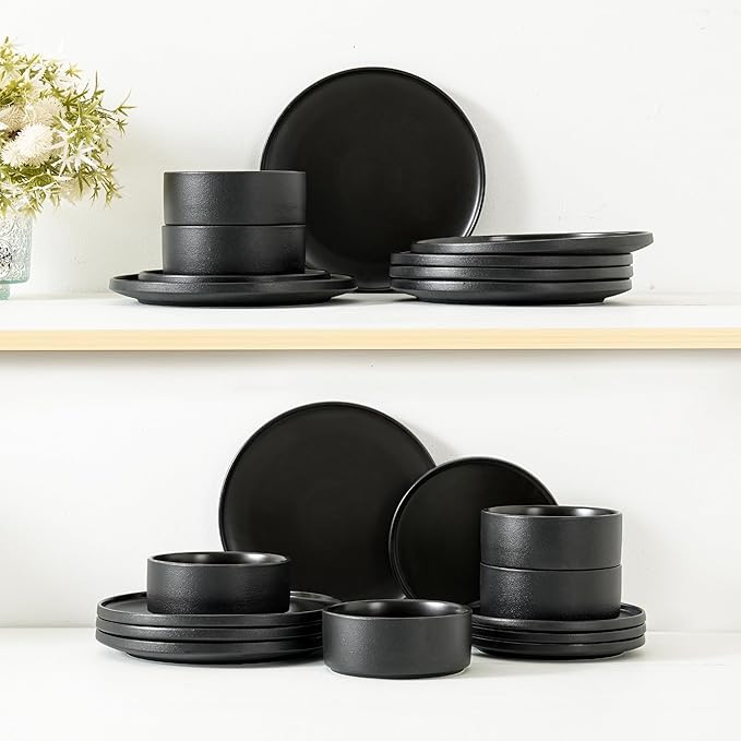 12 Piece Ceramic Dinnerware Set for 4, Modern Minimalist Stoneware Dinner Plates and Bowls, Microwave Safe, Dishwasher Safe, Versatile for All Seasons, Matte Black