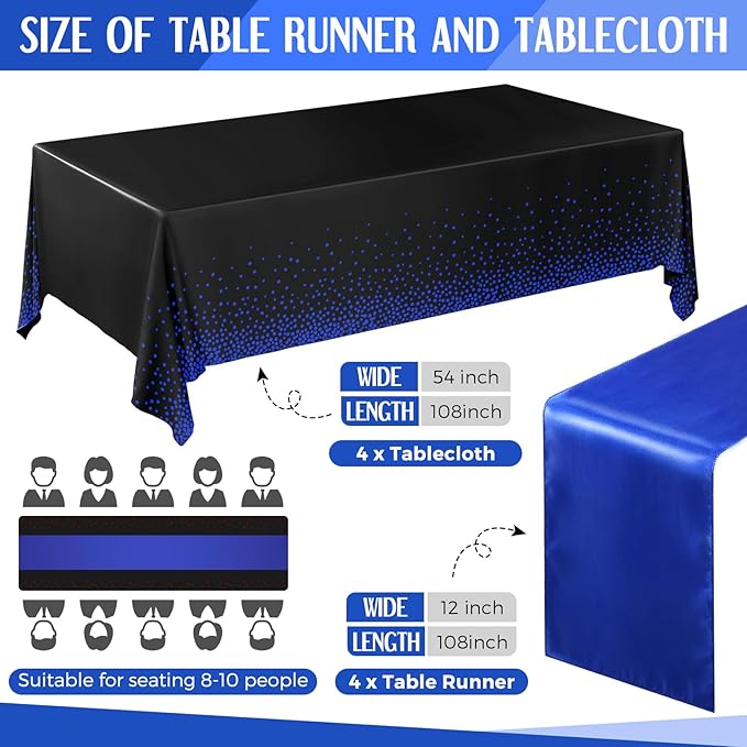 Breling 8 Pack Black and Blue Disposable Plastic Tablecloths and Satin Table Runner Set, 54 x 108 Inch Tablecloth, 12 x 108 Inch Table Runners for Wedding Graduation Birthday Baby Shower New Year