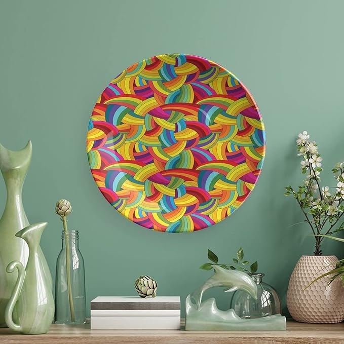 Ceramic Display Plate, Abstract Decor Ceramic Hanging Decorative Plate, Colorful Rainbows Wheels Spiral Wavy Fashionable, 10 Inch, Living Room Kitchen Decoration Household, Multy