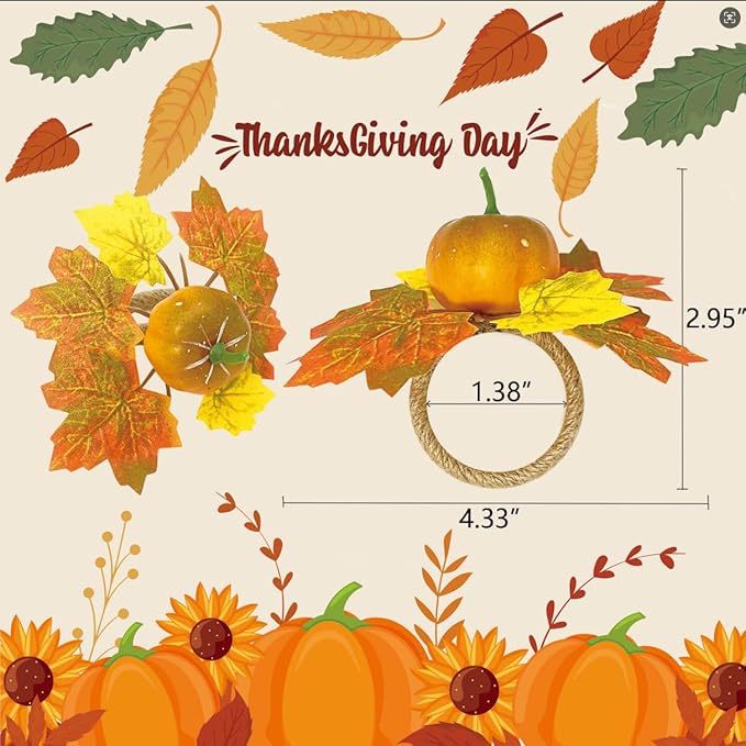 WINGFISH Fall Napkin Rings 12 Pcs Thanksgiving Napkin Rings Farmhouse Fall Pumpkin Napkin Holder for Thanksgiving Table Decorations, Fall Banquet, Holiday Dinner Party