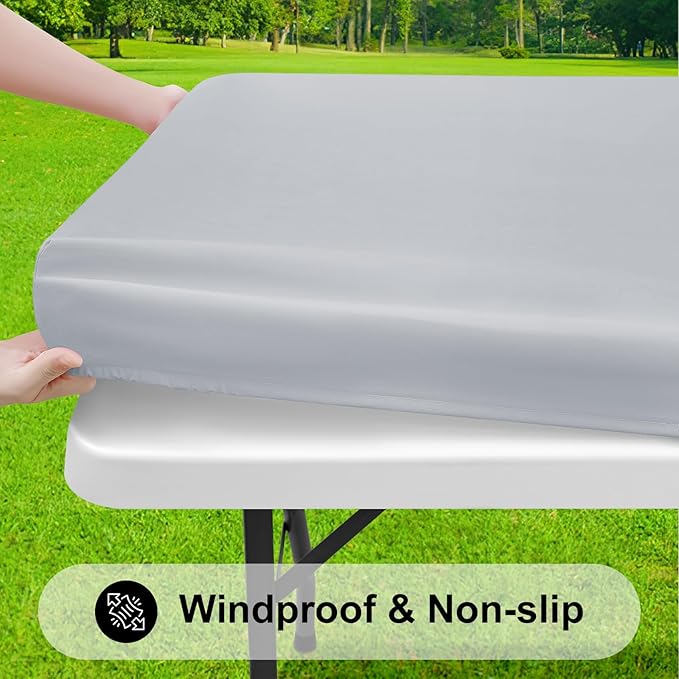 Smiry Rectangle Tablecloth, Elastic Fitted Flannel Backed Vinyl Tablecloths for 5ft Folding Tables, Waterproof Wipeable Table Covers for Indoor, Outdoor, Picnic and Camping (Light Grey, 30"x60")