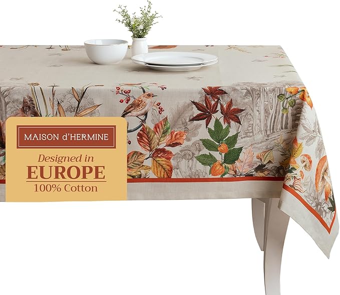 Maison d' Hermine Table Cloth Square Table 100% Cotton 54 x 54 Inches Fall Tablecloth Reusable Everyday Use for Thanksgiving Christmas Decorations Dining Farmhouse Party (Recolte)