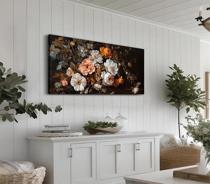 ADJUVANT Wall Art Vintage Floral Bouquet 48" L x 24" W, Old Fashioned Flowers Canvas Painting Romantic Artwork Classic Blooms Prints Botanic Wall Decor for Living Room Bedroom Dining Room Home Office