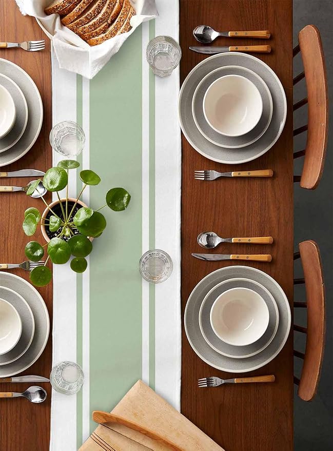 Sage Green Eucalyptus Leaves Table Runners 90 Inches Long, Farmhouse Stripe - Image 5