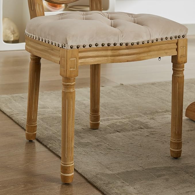 Ball & Cast French Vintage Upholstered Dining Chairs Set of 2, Button Tufted Kitchen Side-Chairs with Carved Antique Wood Frame & Nailhead Trims, 2-Piece Curved Backrest Louis Chair, Velvet Beige