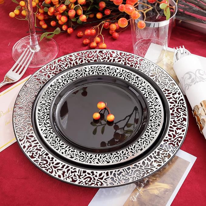 LIYH 350Pcs Black Silver Lace Plastic Plates Dinnerware Set - Image 4