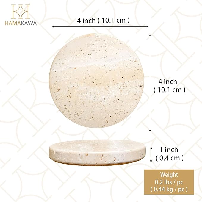 Real Natural Travertine Coasters Set of 4, Round Beige Marble Stone 4 inch, Modern Drink Coasters for Home Decor, Coffee Table, Office