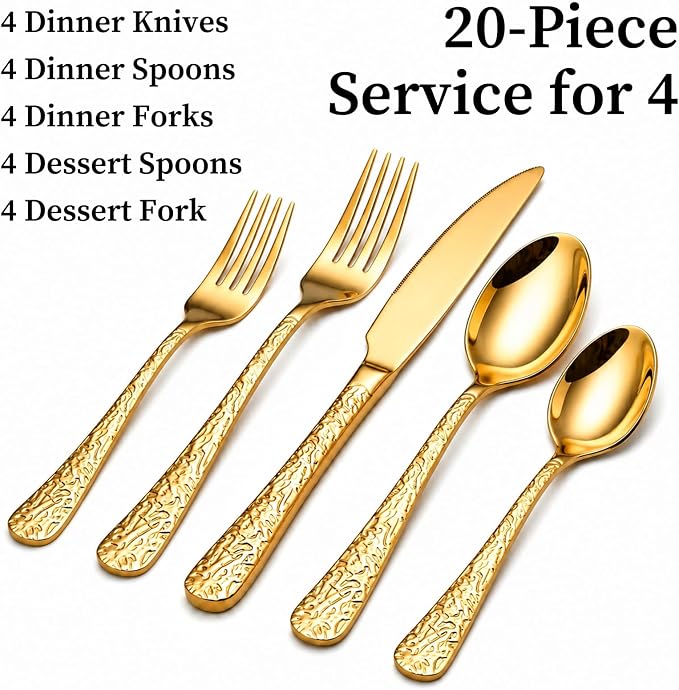 20 Piece Gold Silverware Set, Stainless Steel Silverware Set - Image 5